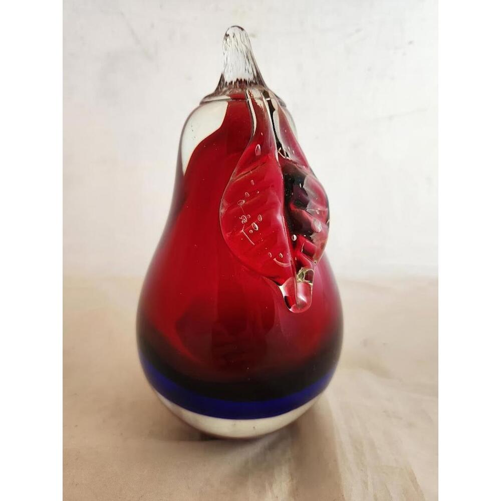Vintage Blown Art Glass Cranberry Red Pear Fruit Heavy Paperweight Decor 7.25"